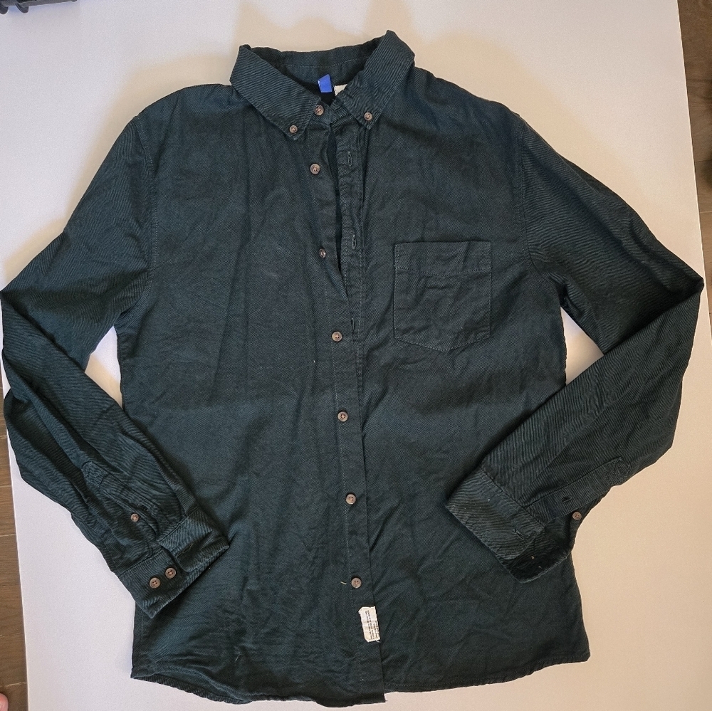 H&M Mens dark green 100% cotton collared button down shirt sz Med